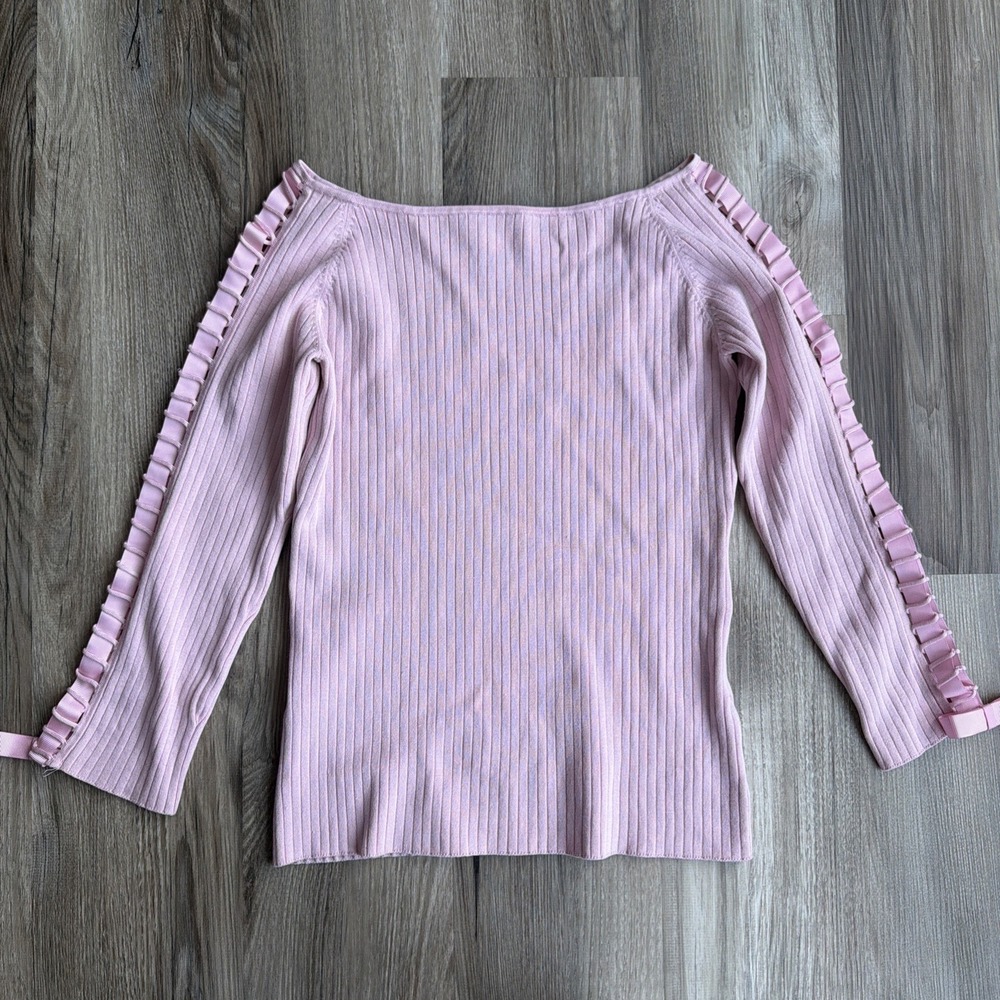 Vintage y2k Pink Ribbed Crochet Long Sleeve Top‎ M Silk Blend Boat Neck Ribbon